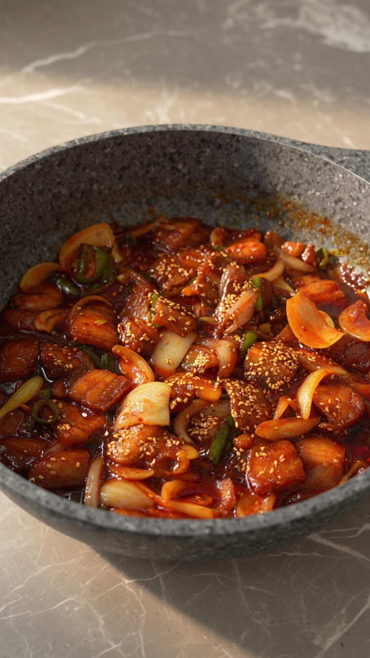 Pikantny koreański smażony boczek wieprzowy (Jeyuk Bokkeum)