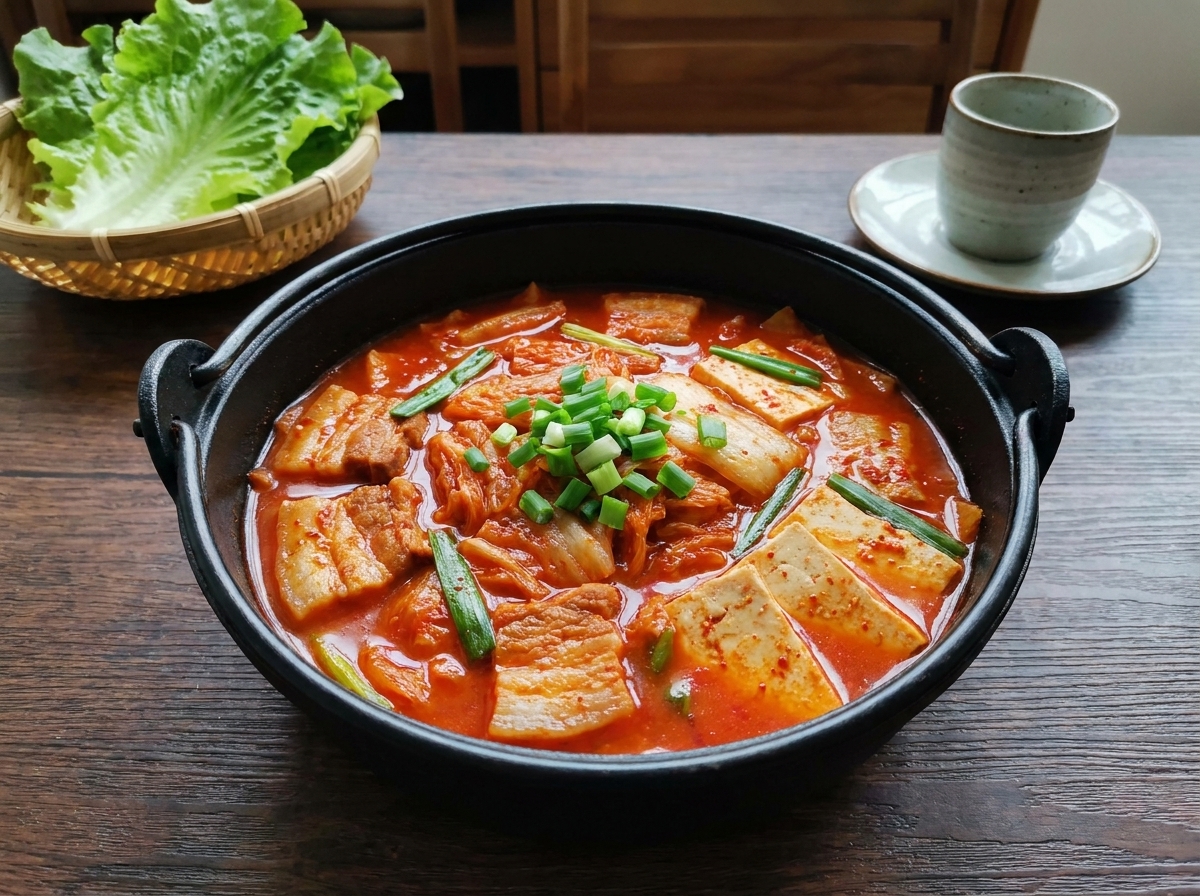 Koreańskie kimchi, pasta chili i proszek chili dodawane do garnka.