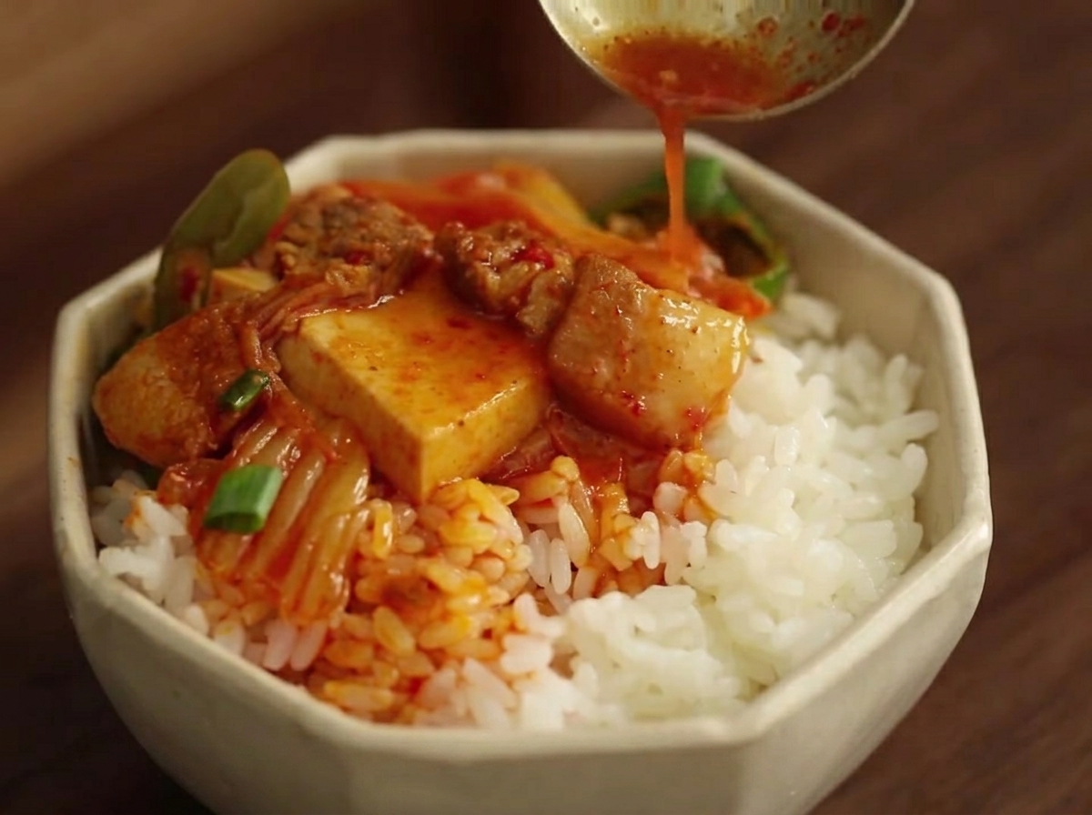 Mieszanka boczku, warzyw i kimchi dokładnie wymieszana w garnku.