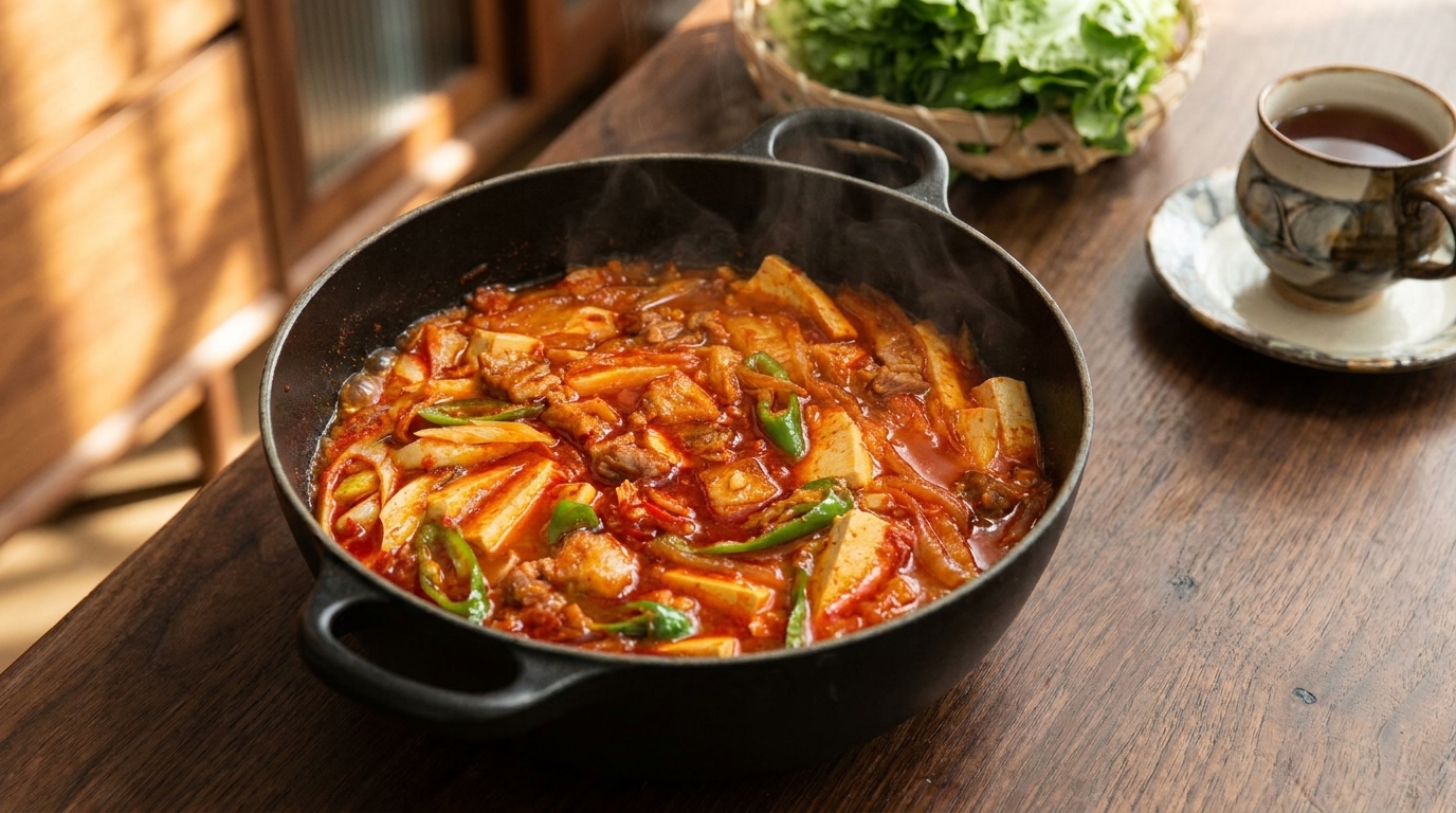 Pikantny koreański gulasz z boczku wieprzowego i kimchi z tofu