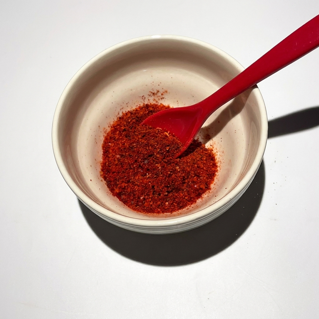 Zbliżenie łyżki dodającej płatki chili i inne przyprawy do miseczki z sosem bazowym.