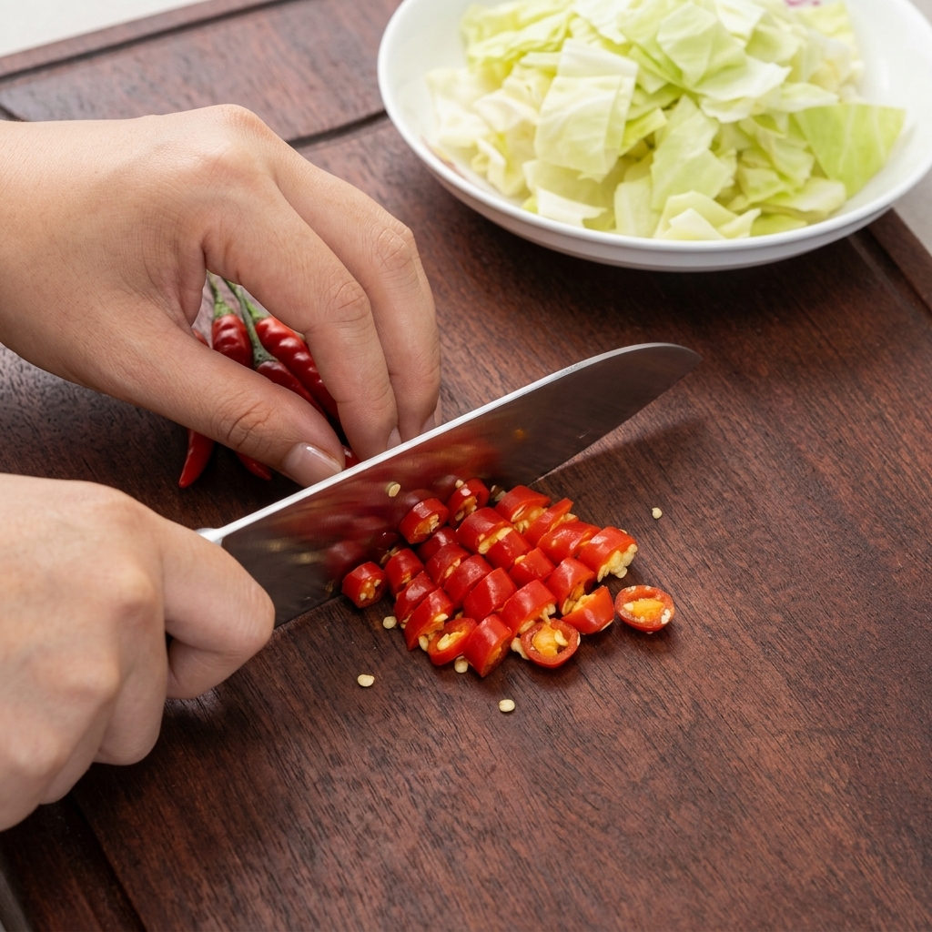 Dłonie siekające jasnoczerwone chili w małe krążki na ciemnej drewnianej desce obok białej miski z kapustą.