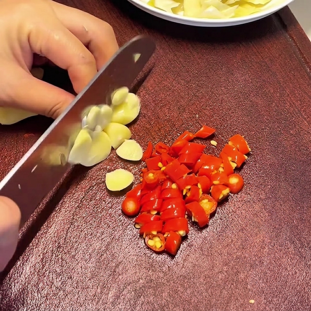 Dłoń używająca noża do cienkiego krojenia surowych ząbków czosnku na desce, obok stosu posiekanych czerwonych chili.