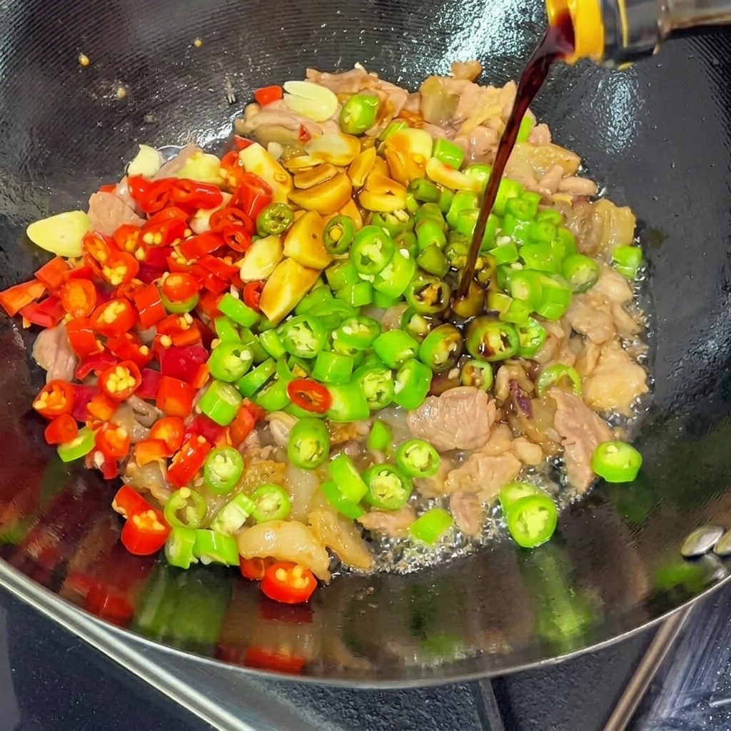 Wlewanie ciemnego sosu sojowego z butelki na skwierczące mięso, czosnek i chili w woku.