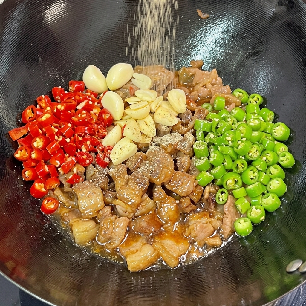 Czarny mielony pieprz sypany z góry na mieszankę boczku, czosnku i świeżych chili w woku.