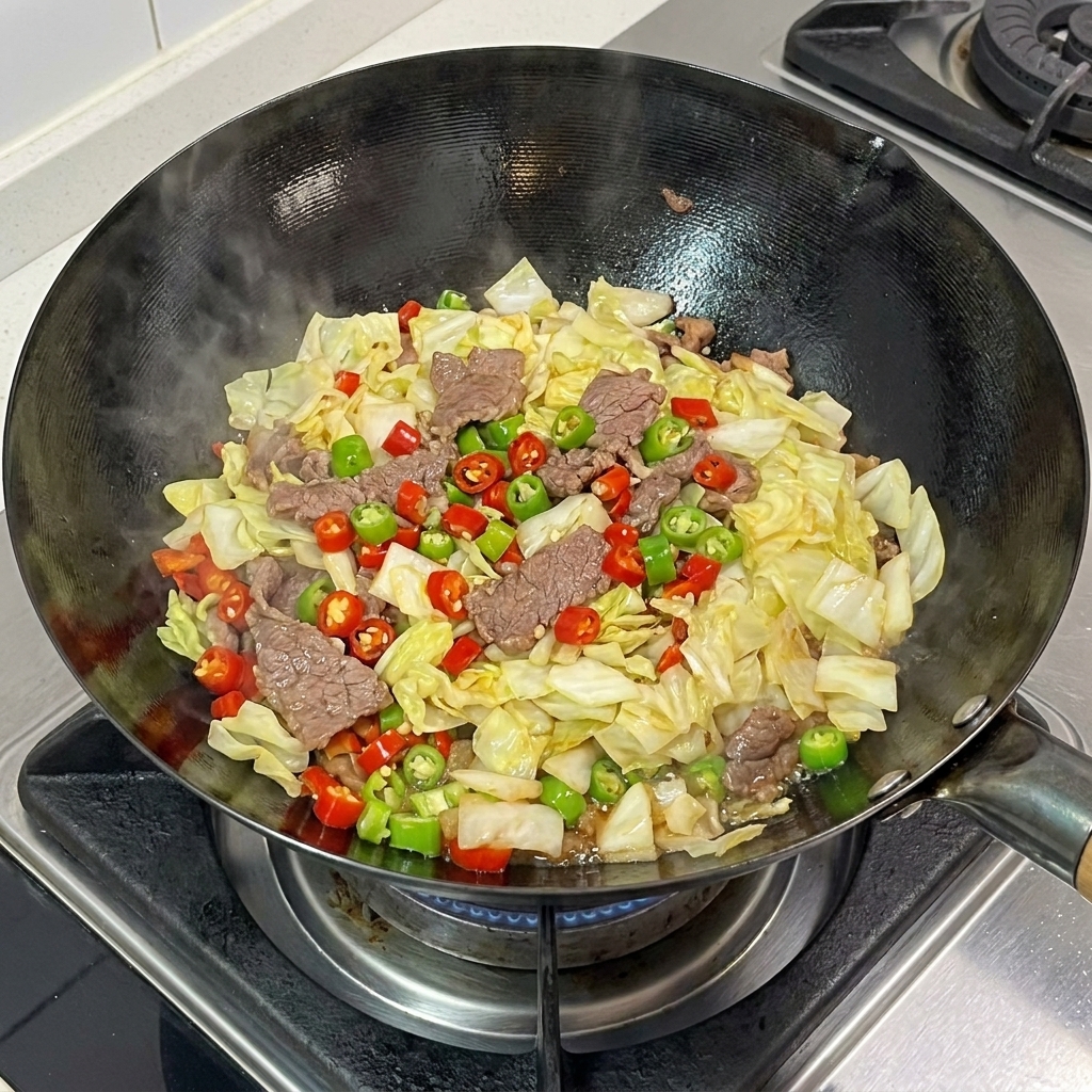 Duża porcja podsmażonej kiszonej kapusty dodawana do woka na doprawioną wieprzowinę z chili.