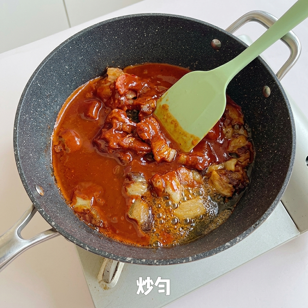 Boczek i kimchi smażone z sosem na patelni za pomocą jasnej, zielonej łopatki.