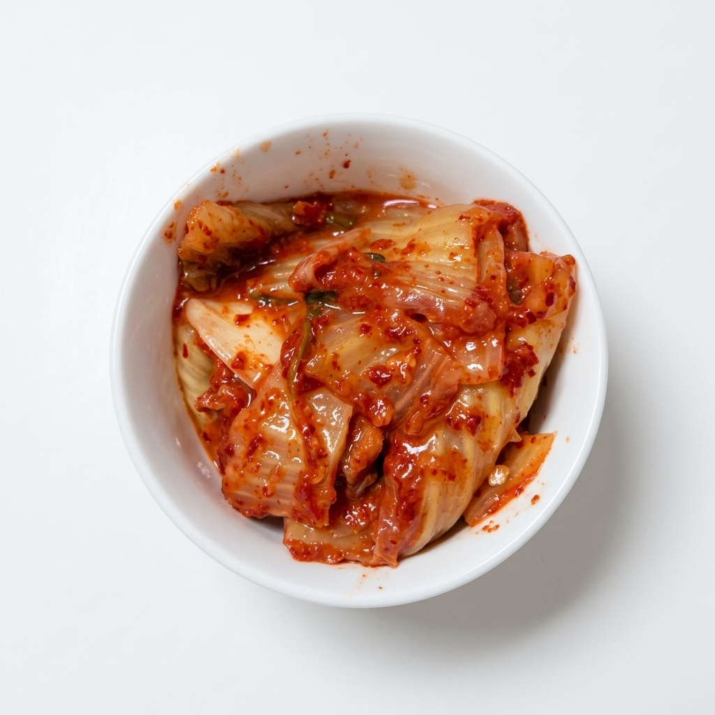 Para nożyczek kuchennych tnących czerwone, ostre kimchi w białej misce.