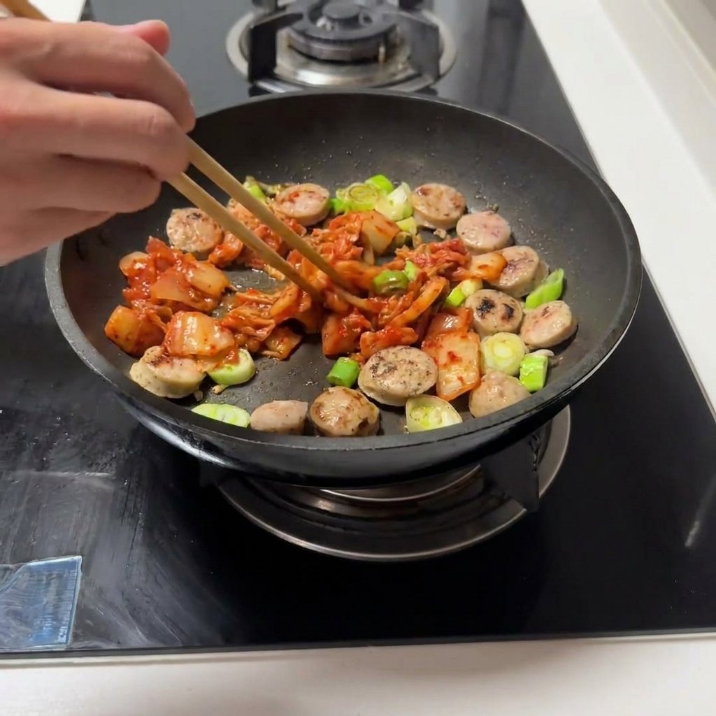 Pokrojone kimchi mieszane na patelni z kiełbasą i aromatycznymi dodatkami.
