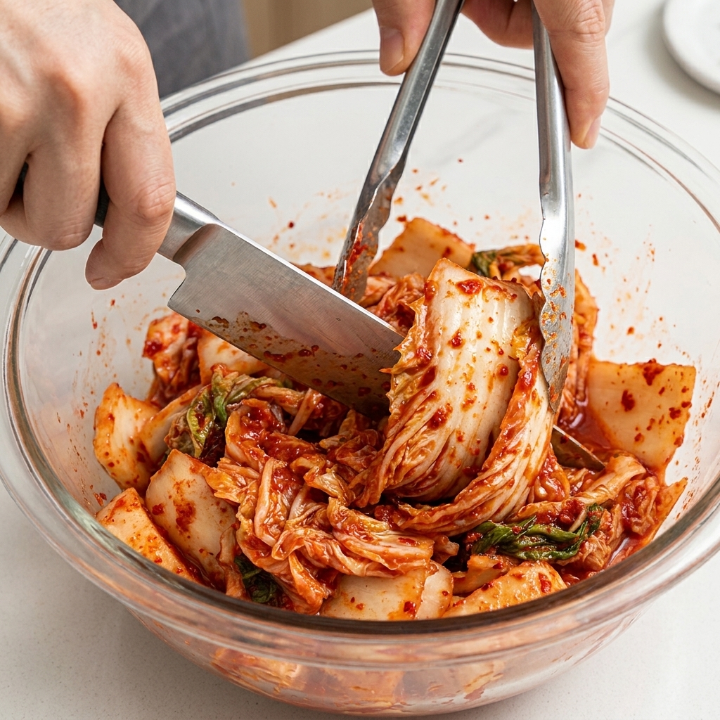 Kawałki kwaśnego kimchi cięte kuchennymi nożyczkami w szklanej misce.