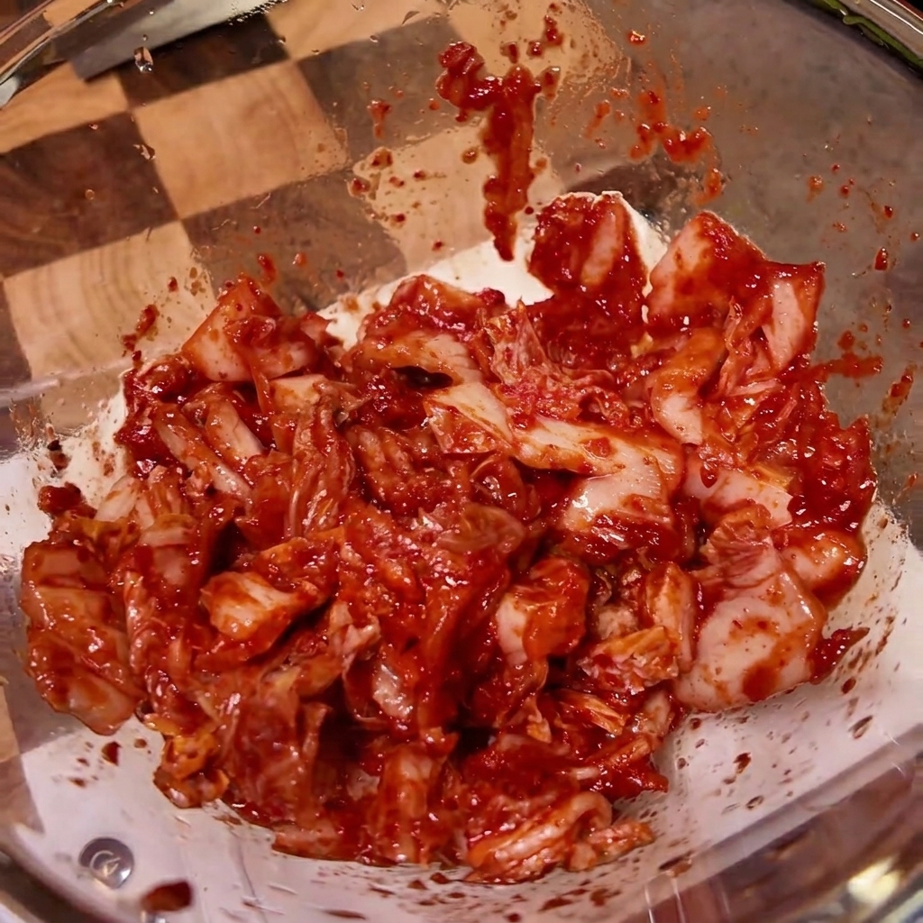 Szklana miska z kimchi doprawiana różnymi płynami i przyprawami.
