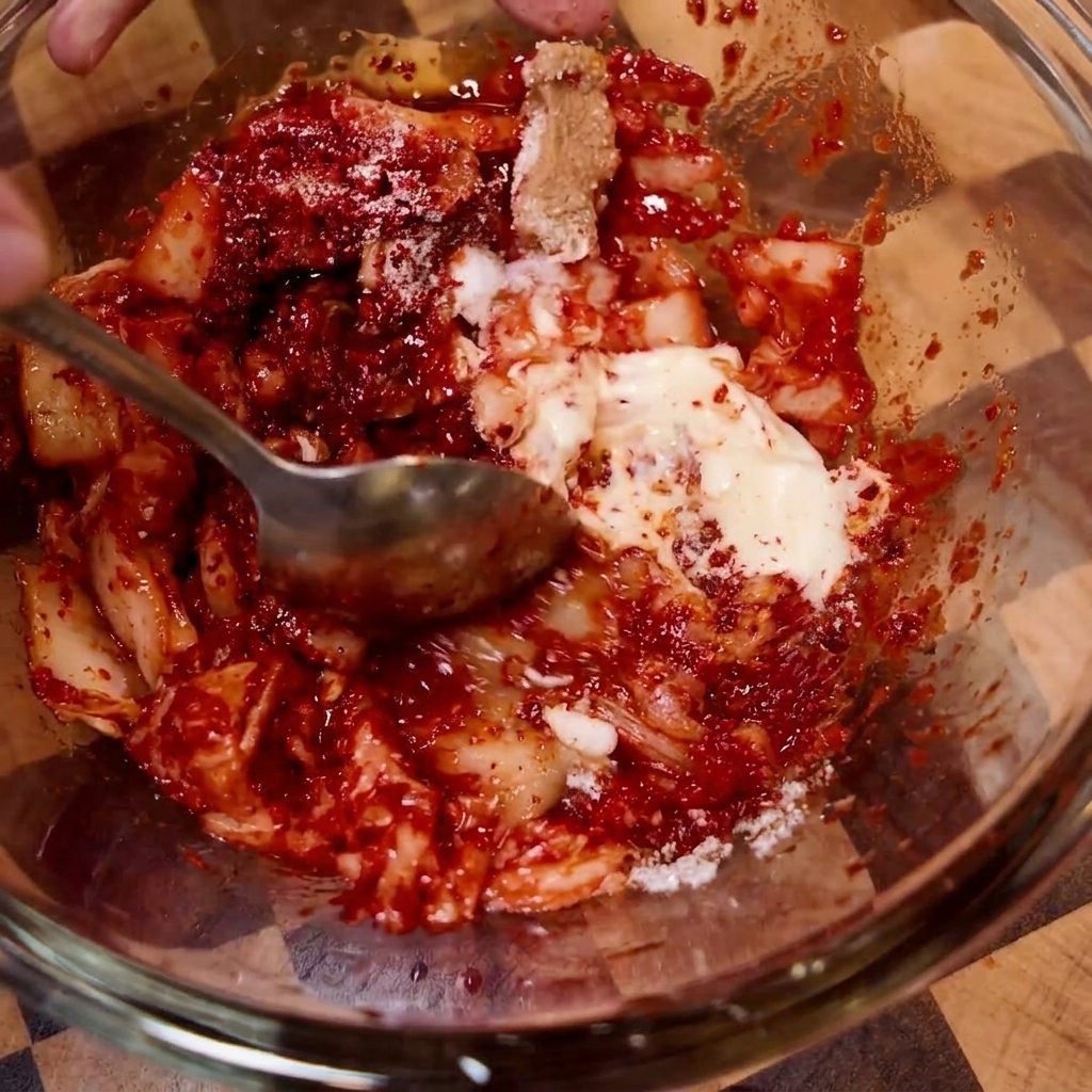 Mieszanka kimchi z przyprawami mieszana łyżką w szklanej misce.