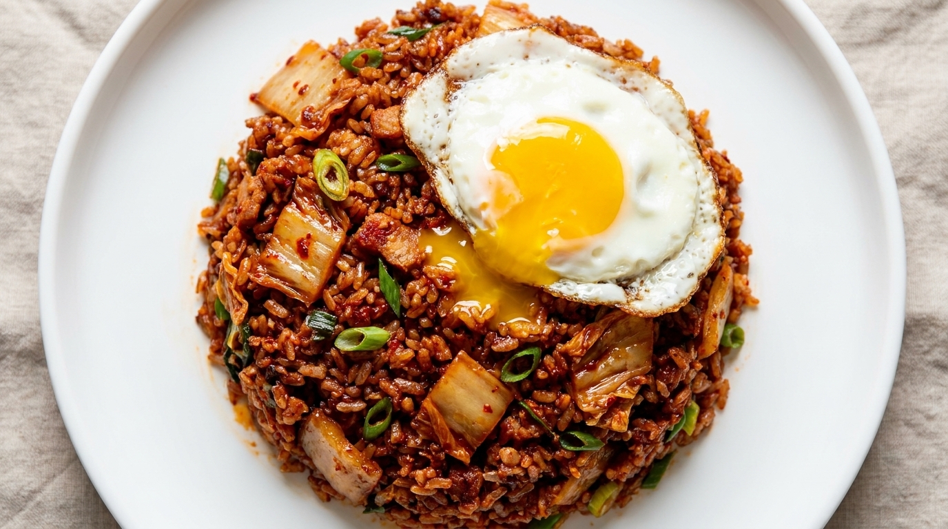Talerz autentycznego koreańskiego smażonego ryżu z kimchi, zwieńczony jajkiem sadzonym.