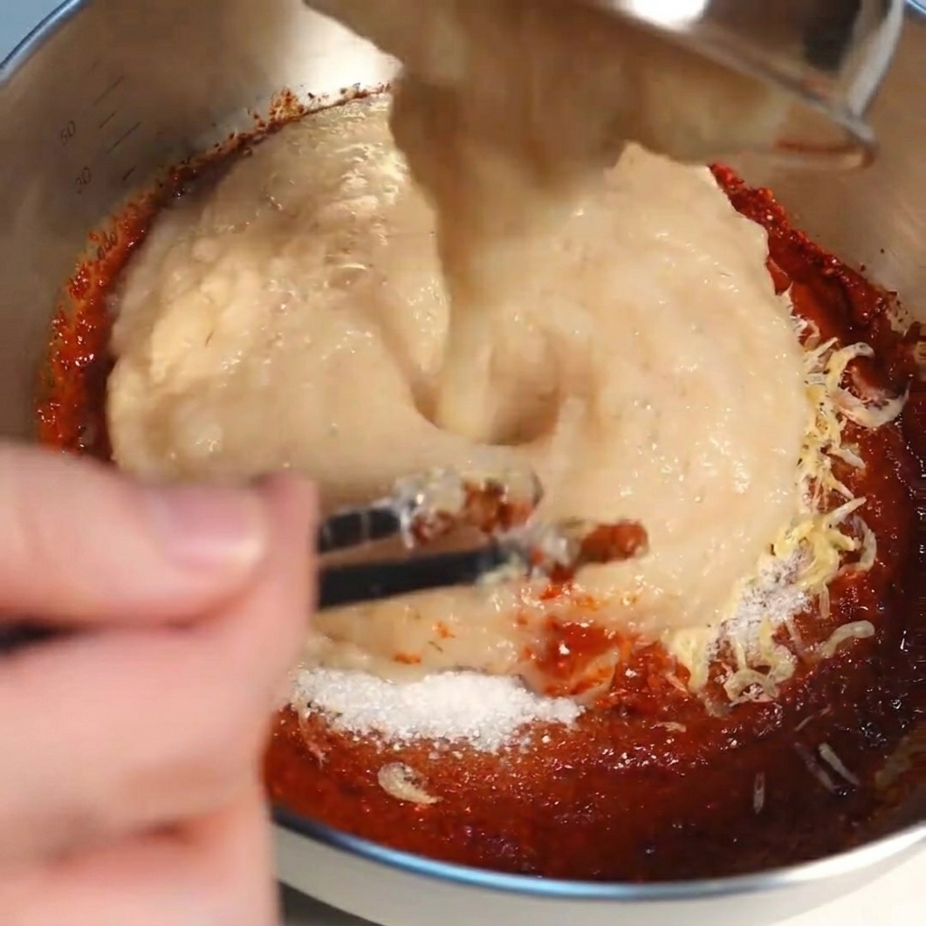 Gładkie puree owocowo-warzywne wlewane do miski z czerwoną pastą przyprawową.