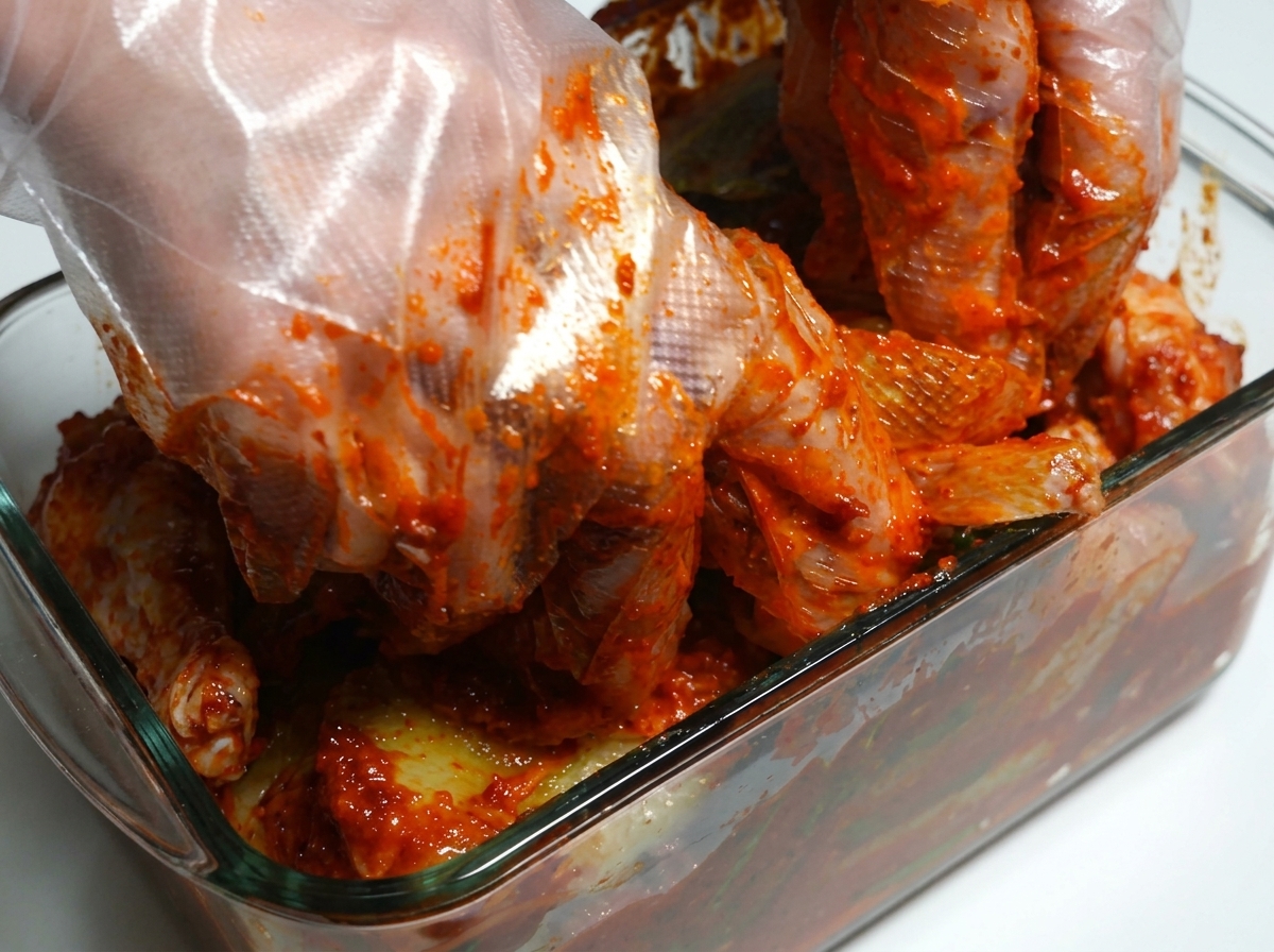 Kapusta pekińska w paście chili pakowana do szklanego pojemnika.