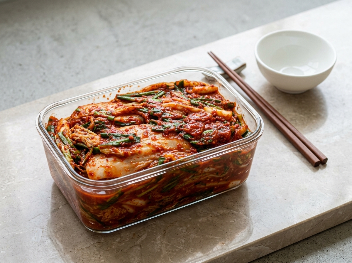 Szklany pojemnik z kimchi przykryty folią spożywczą.