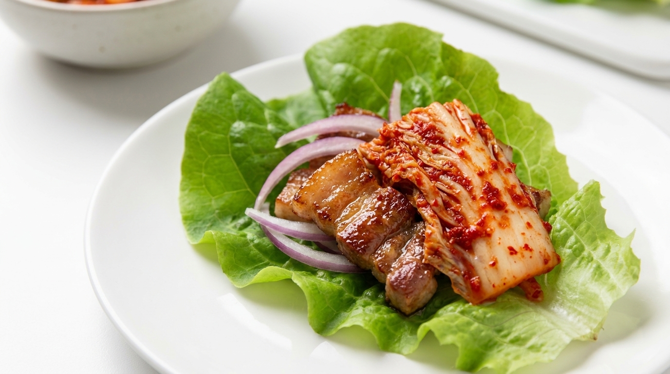 Domowe kimchi z grillowanym boczkiem i wołowiną w sałacie