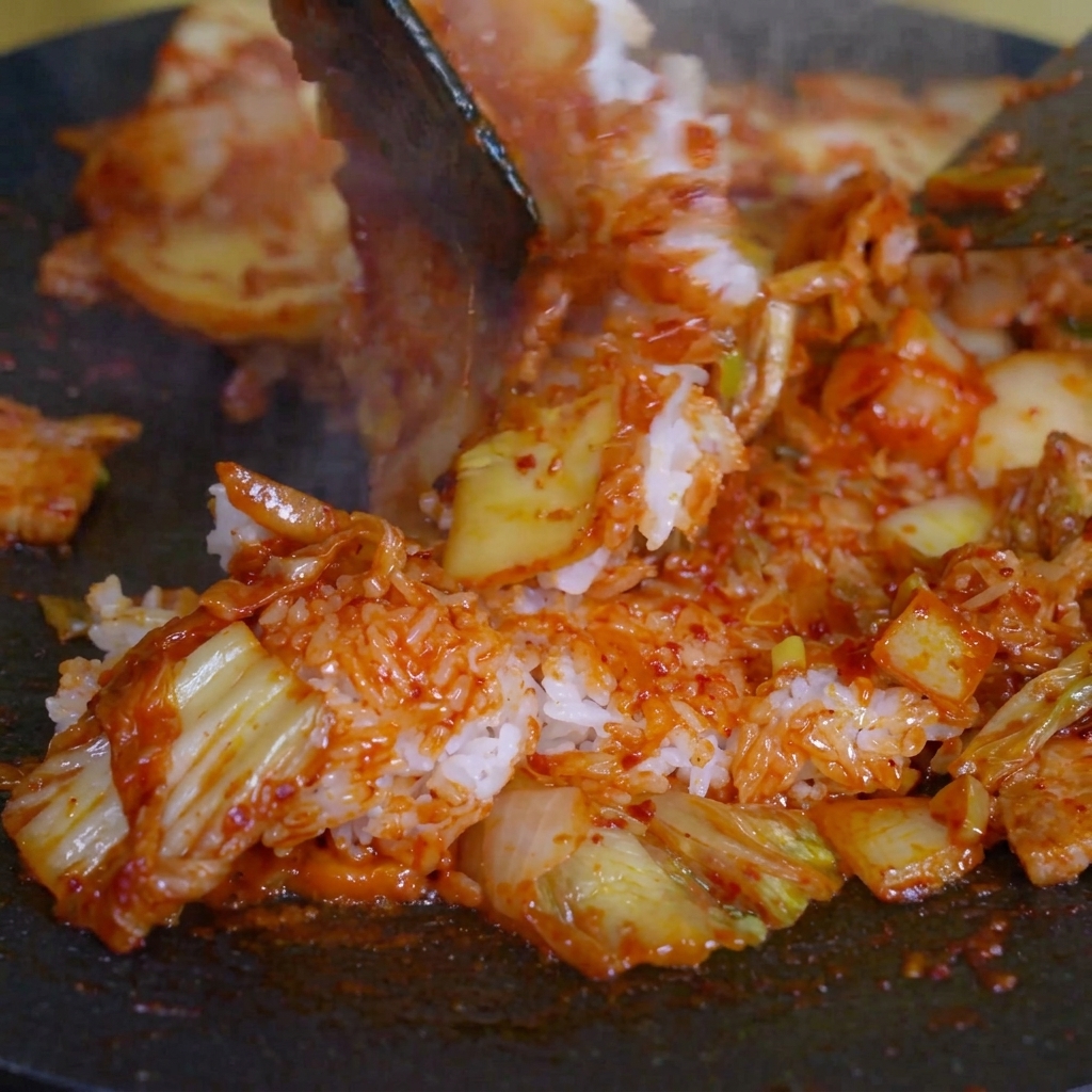 Zbliżenie na mieszanie ryżu i kimchi na patelni za pomocą dwóch łopatek.