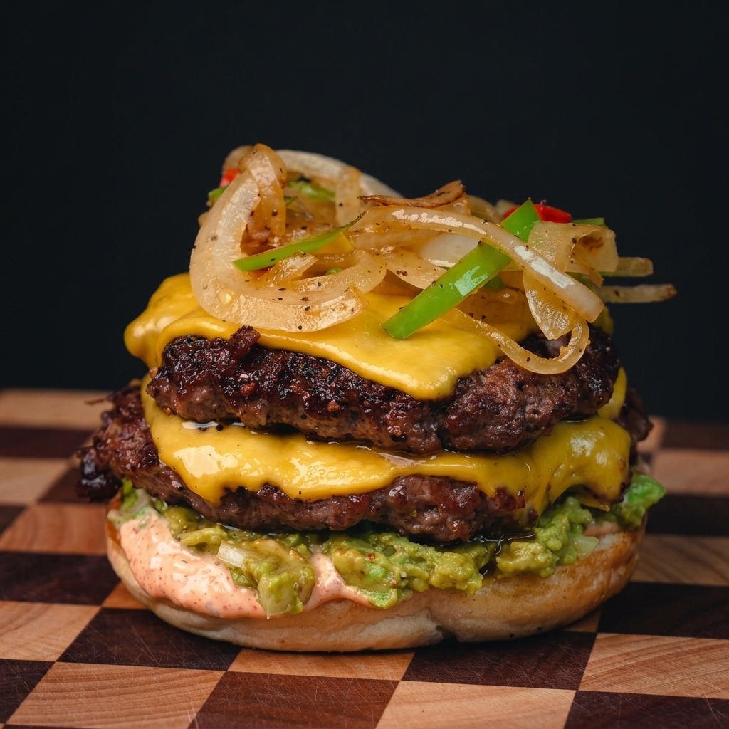 Górna część bułki kładziona na w pełni złożonego, podwójnego cheeseburgera z podsmażoną cebulą i papryką.