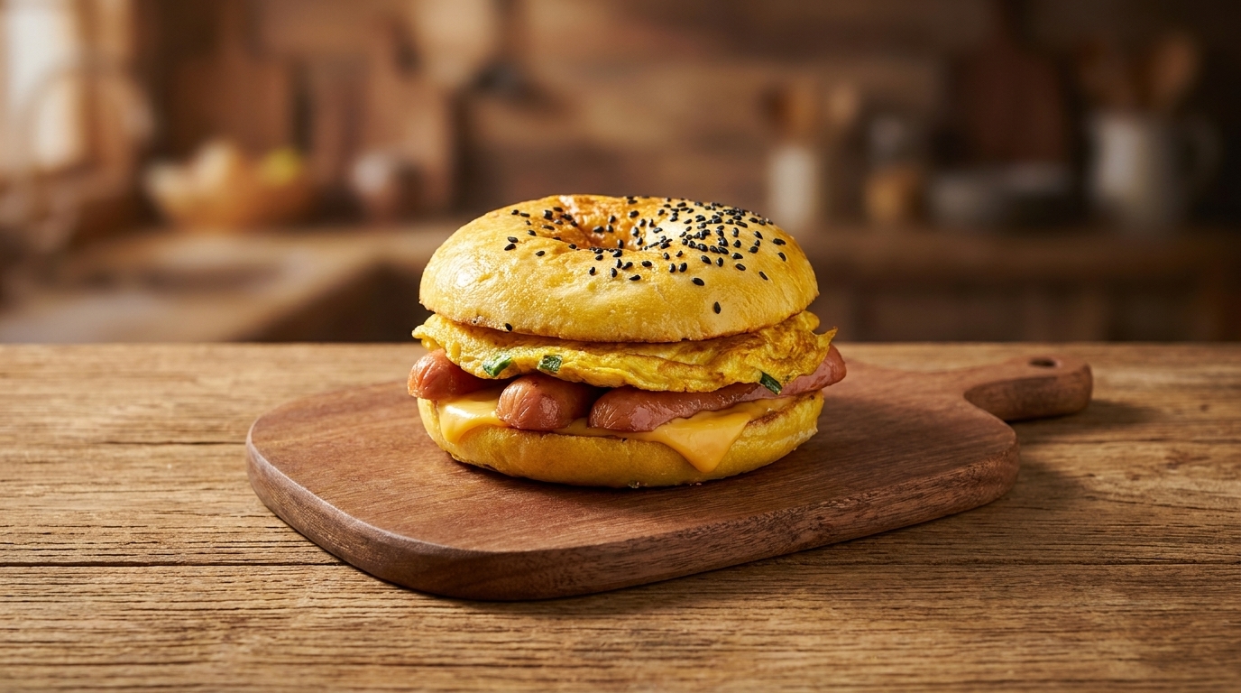 Chiński burger śniadaniowy z kiełbaskami i jajkiem