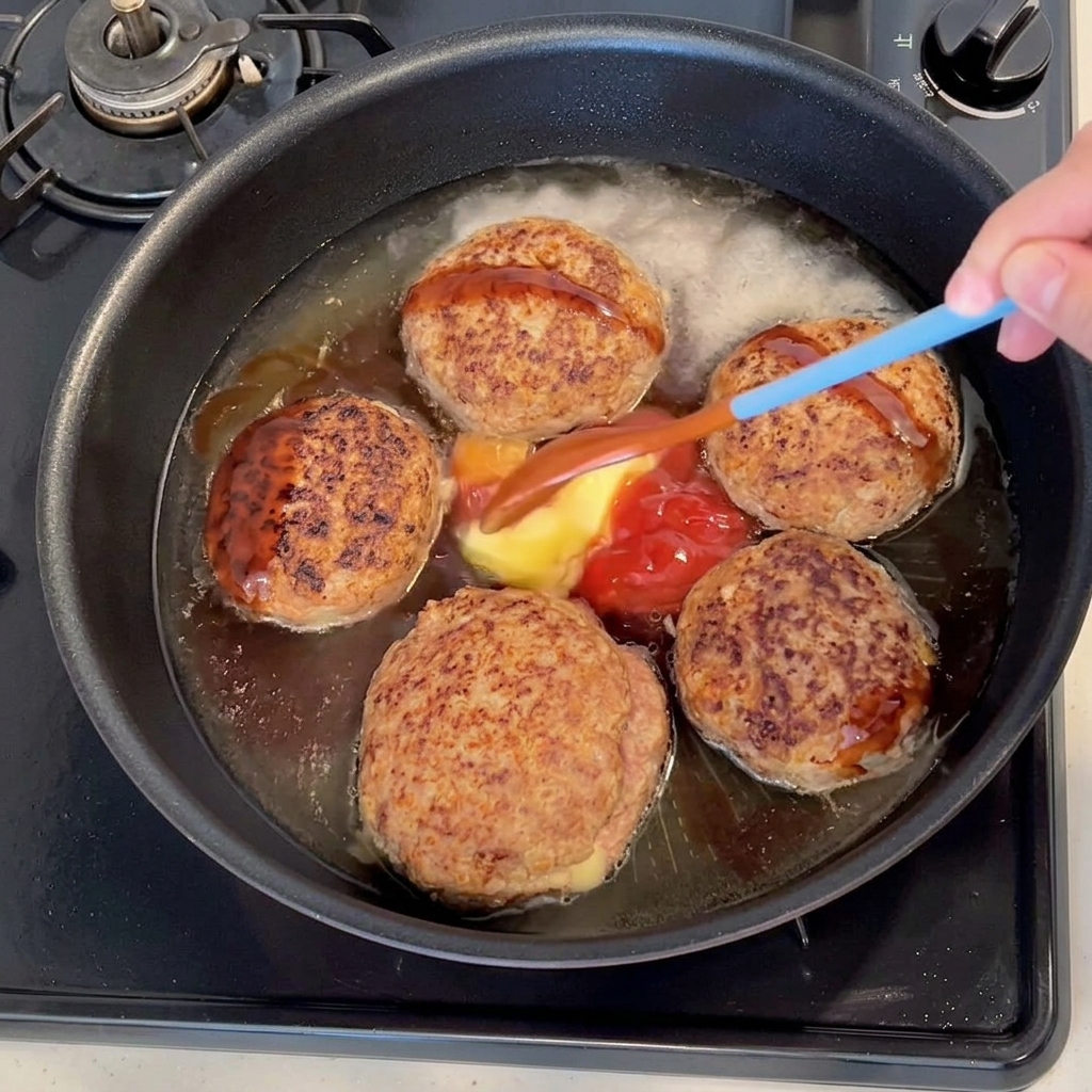 Dodawanie sosu tonkatsu, ketchupu i masła do patelni.