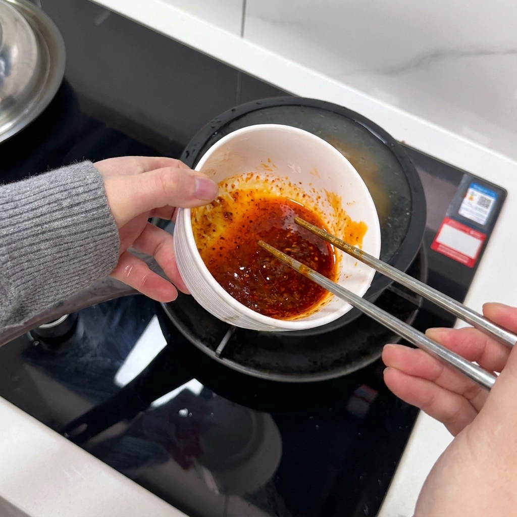 Dłoń trzymająca białą miskę i ubijająca pałeczkami jajka z czerwonym sosem chili.