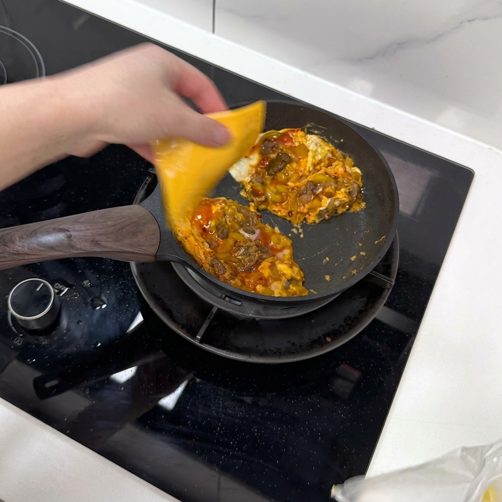 Dwa plastry żółtego sera cheddar leżące na dwóch porcjach omletu z wołowiną na patelni.