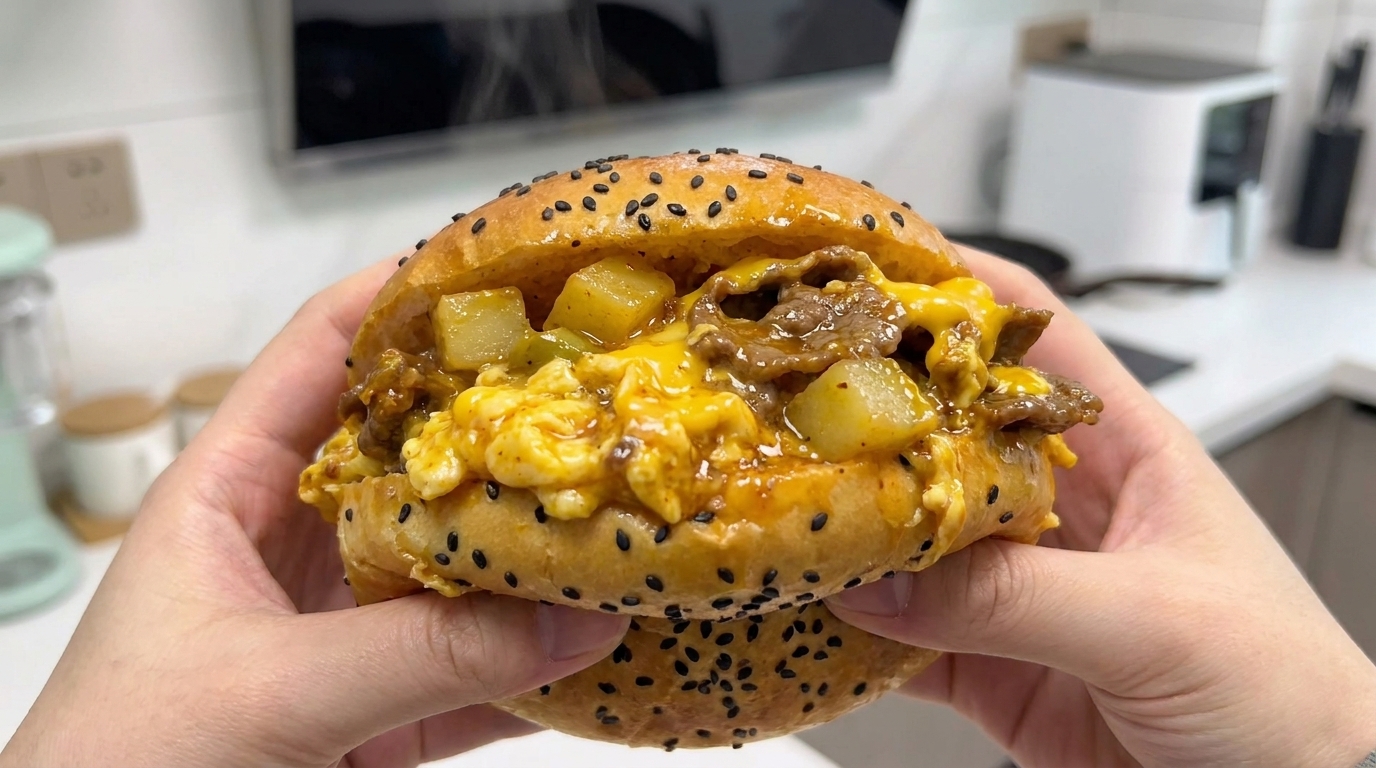 Burger w chińskim stylu z wołowiną i jajkiem