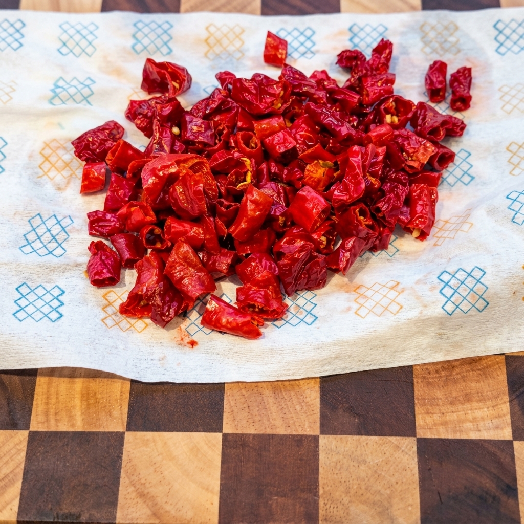 Zmiękczone skórki czerwonego chili drobno posiekane na desce do krojenia.