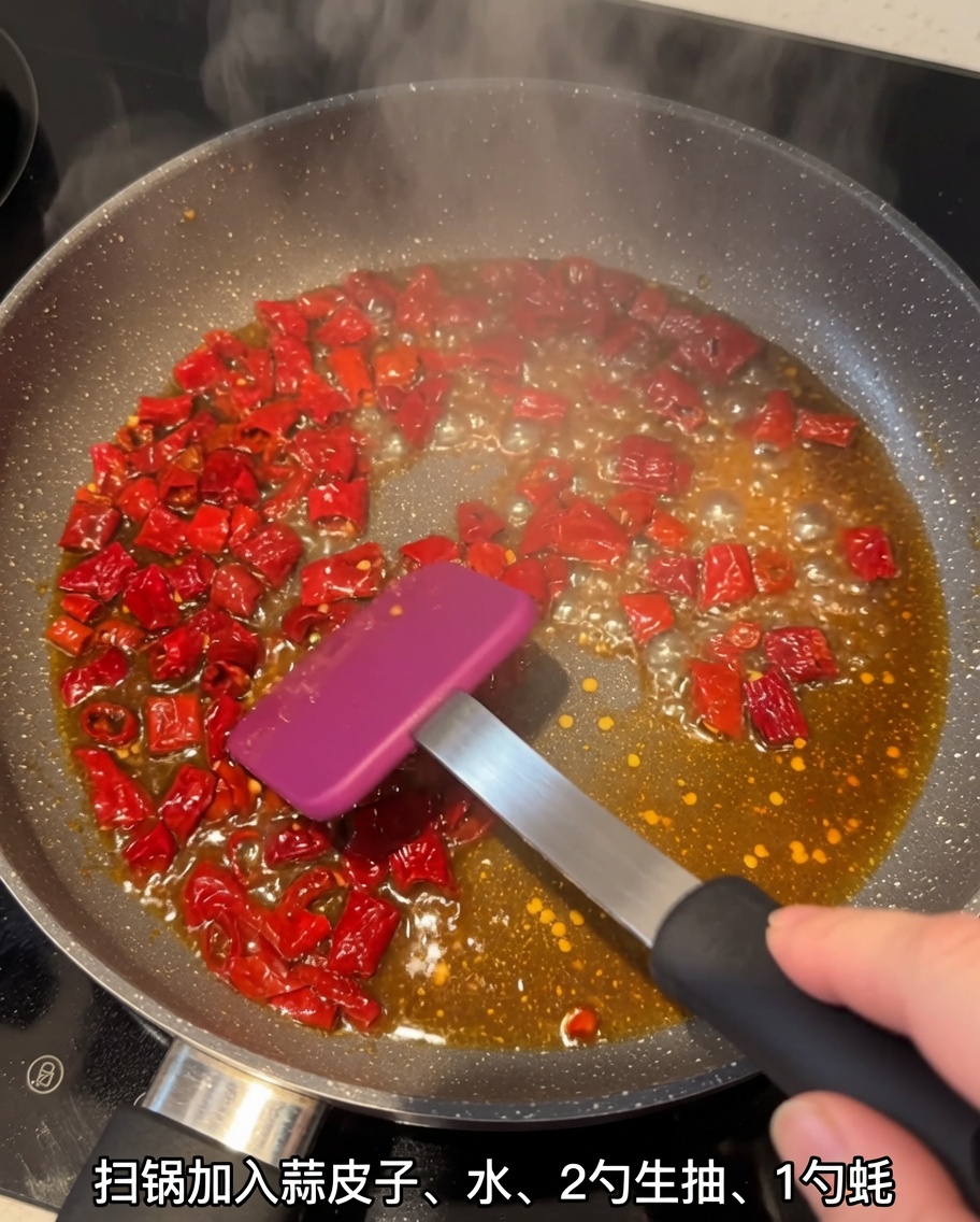 Pokrojone skórki chili duszące się na patelni w aromatycznym sosie na bazie soi.