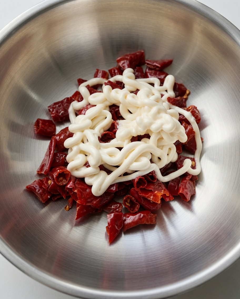 Ugotowane skórki chili w misce z dodatkiem majonezu.