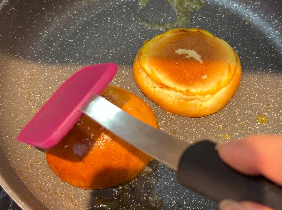 Soczysty kotlet wołowy smażący się na gorącej patelni.