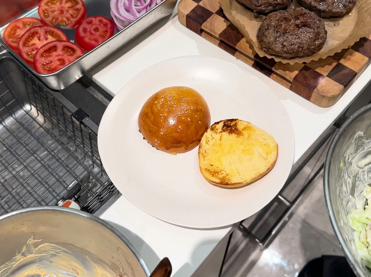 Gotowy burger na talerzu z sałatą, kotletem, pomidorem i sosem chili.