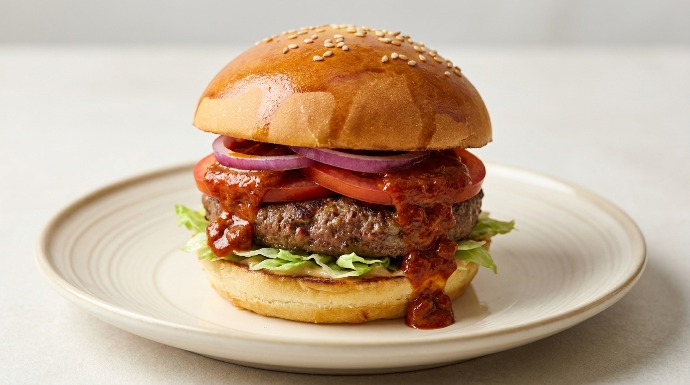 Gourmet pikantny burger z soczystym kotletem wołowym, zwieńczony bogatym, pikantnym sosem ze skórek chili.