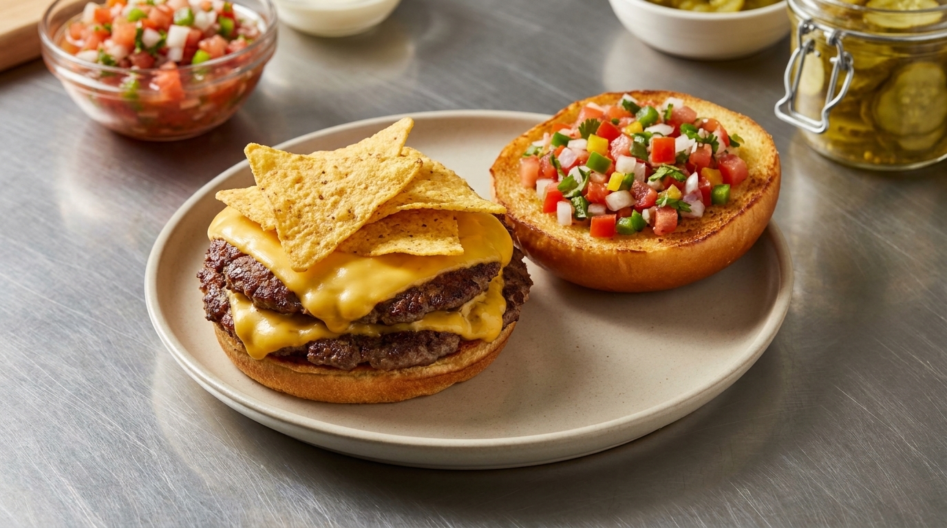 Podwójny smash burger Wagyu z wędzonym chili i salsą