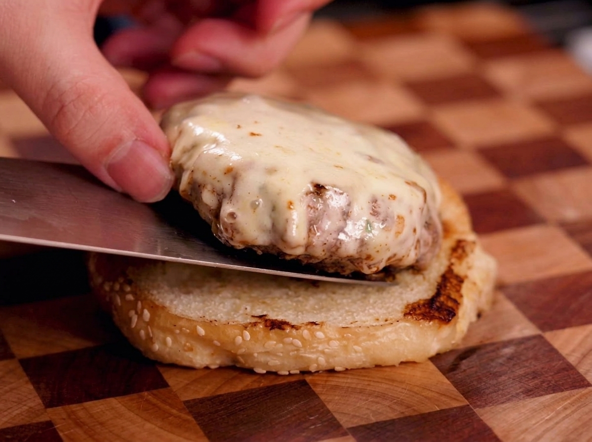 Łopatka przekładająca usmażonego burgera z serem na przypieczoną bułkę z sezamem.