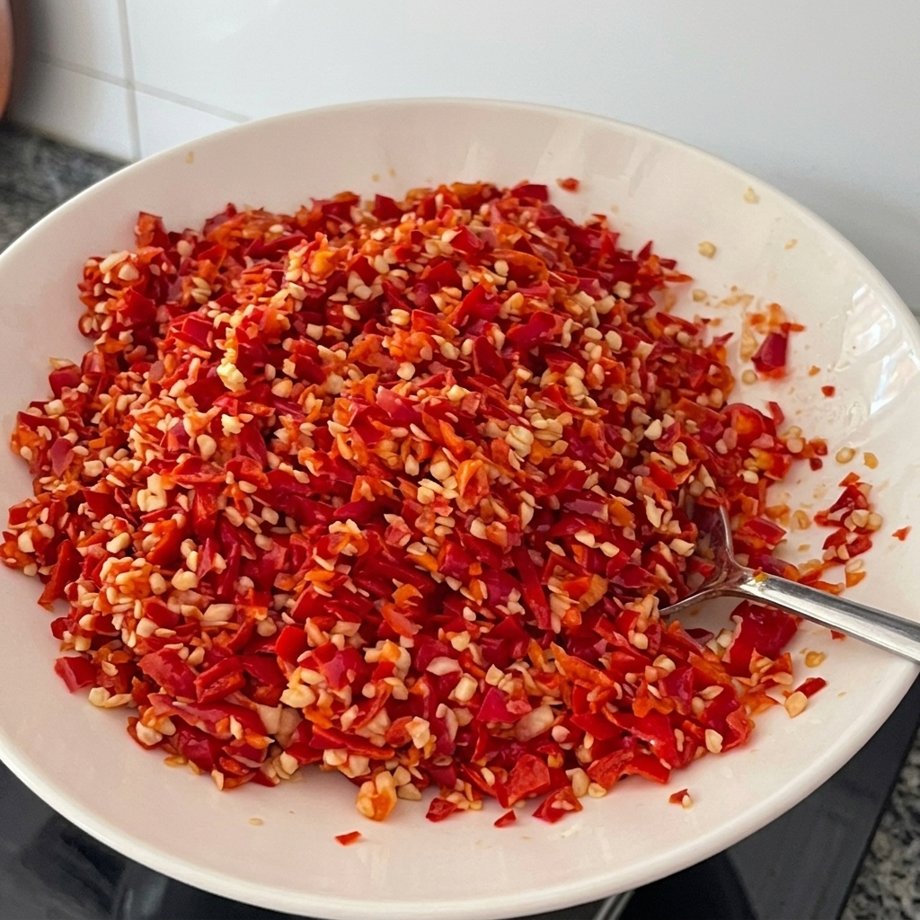 Posiekane czerwone papryczki chili birds eye i czosnek łączące się w roztopionym maśle.
