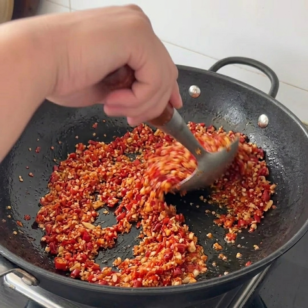 Mieszanka chili i czosnku smażona w woku przy użyciu dużej metalowej łopatki.