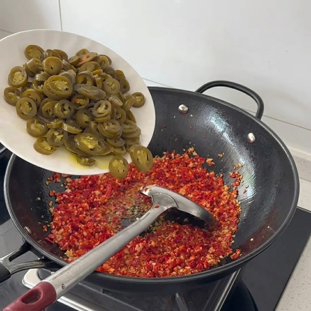 Marynowane plasterki zielonego jalapeño dodawane do smażącej się mieszanki chili w woku.