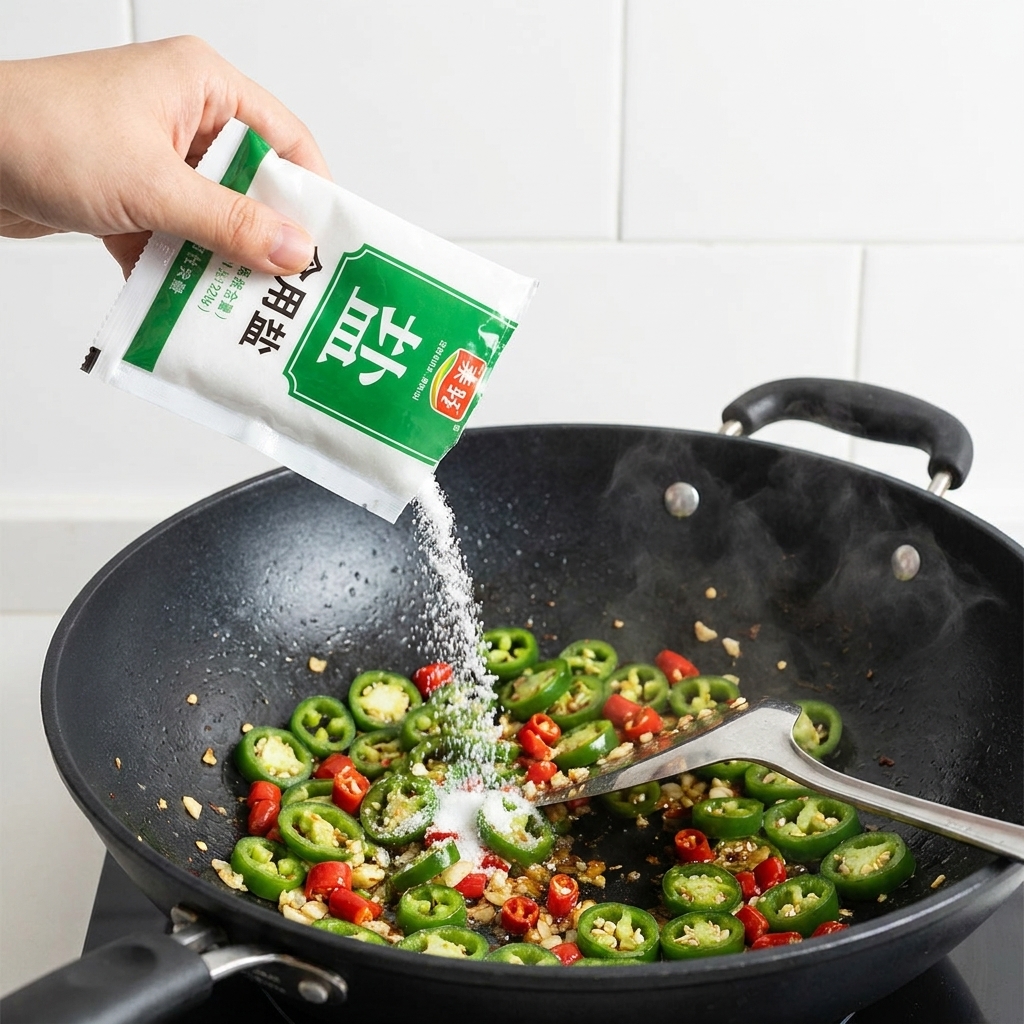 Sól rozsypywana na smażącą się mieszankę chili i jalapeño w woku.