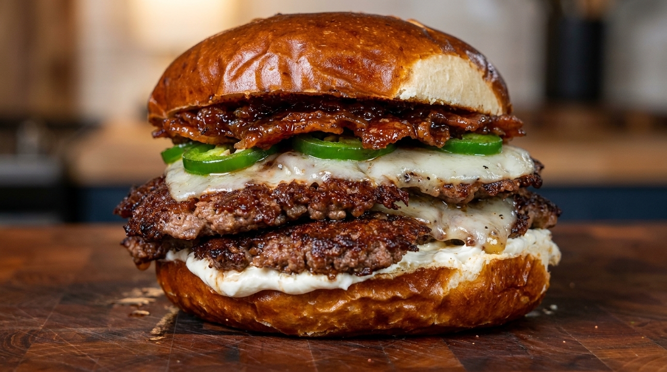 Wysoki smashburger z papryczkami jalapeño, roztopionym serem Havarti i błyszczącą konfiturą z bekonu i malin.