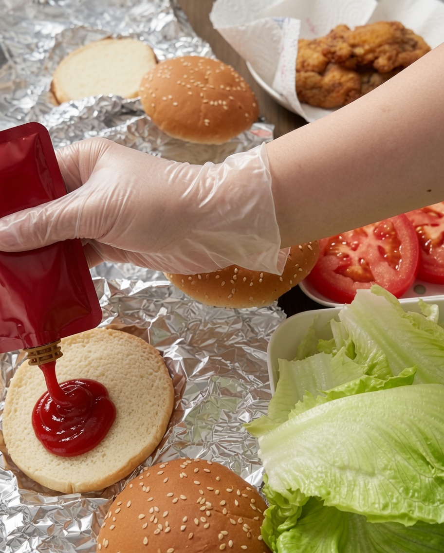 Ręka w rękawiczce wyciskająca ketchup na dolną część bułki z sałatą i pomidorem.