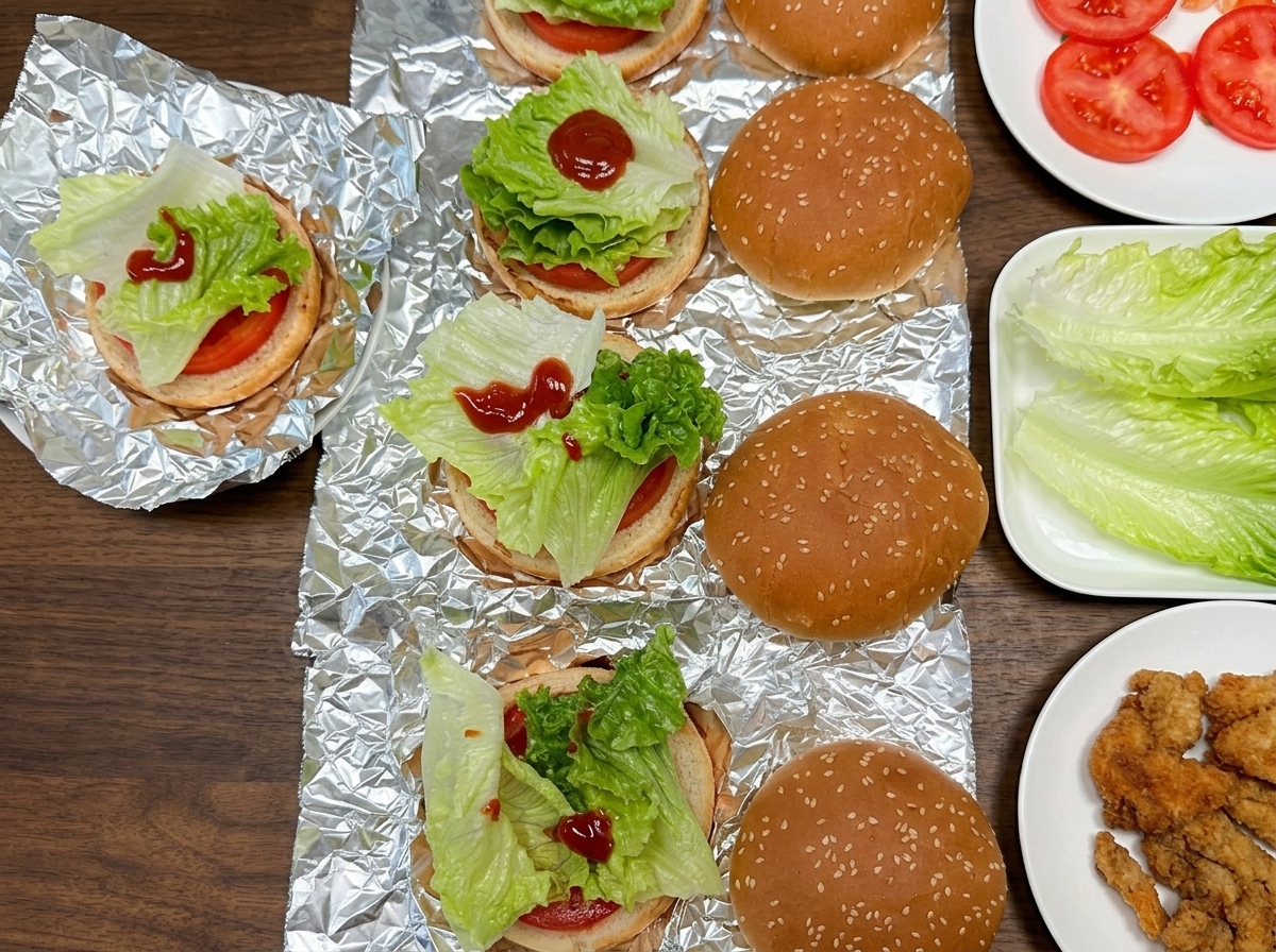 Złocisty kawałek usmażonego kurczaka układany na burgerze z sałatą i pomidorem.