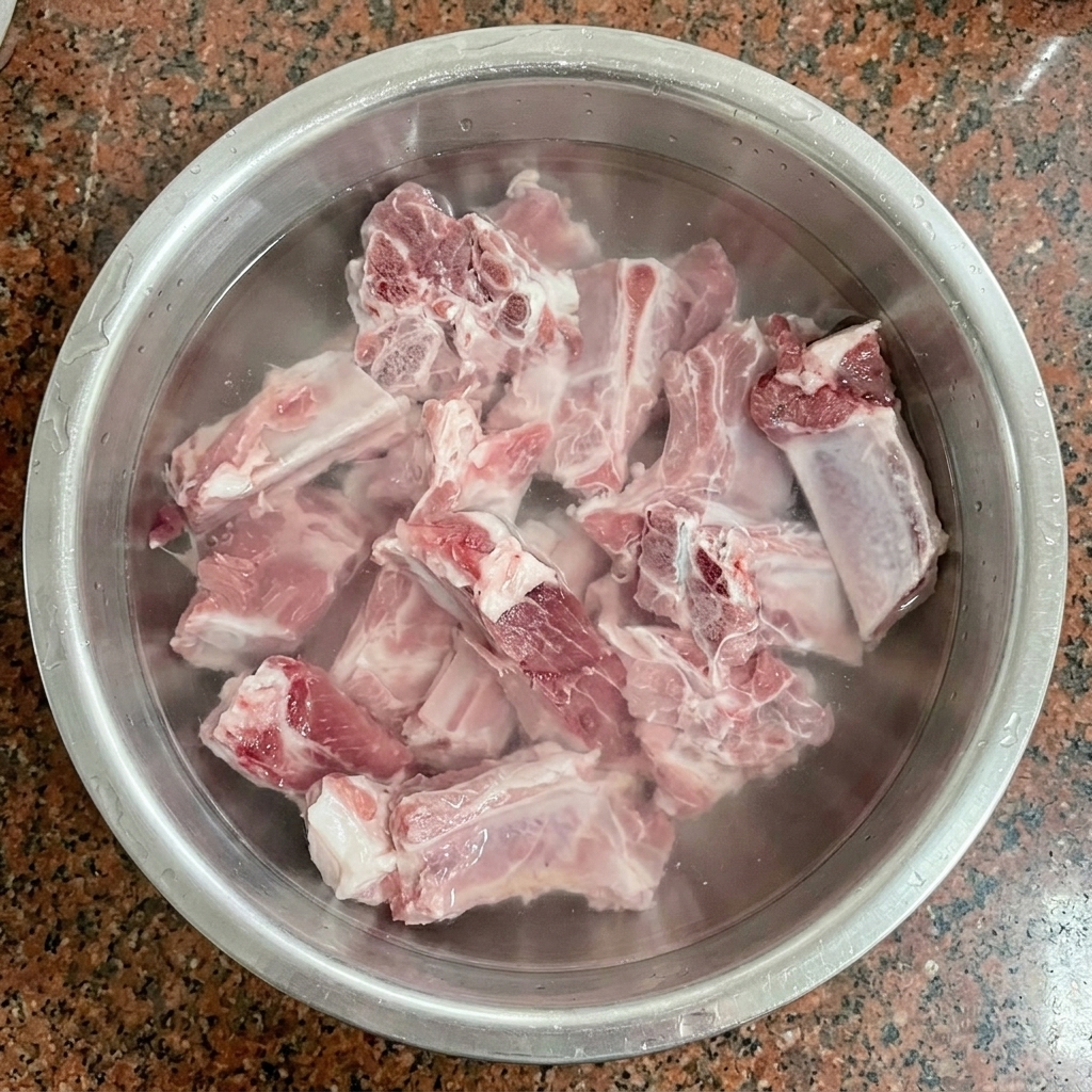 Surowe kawałki żeberek moczące się w zimnej wodzie w metalowej misce.