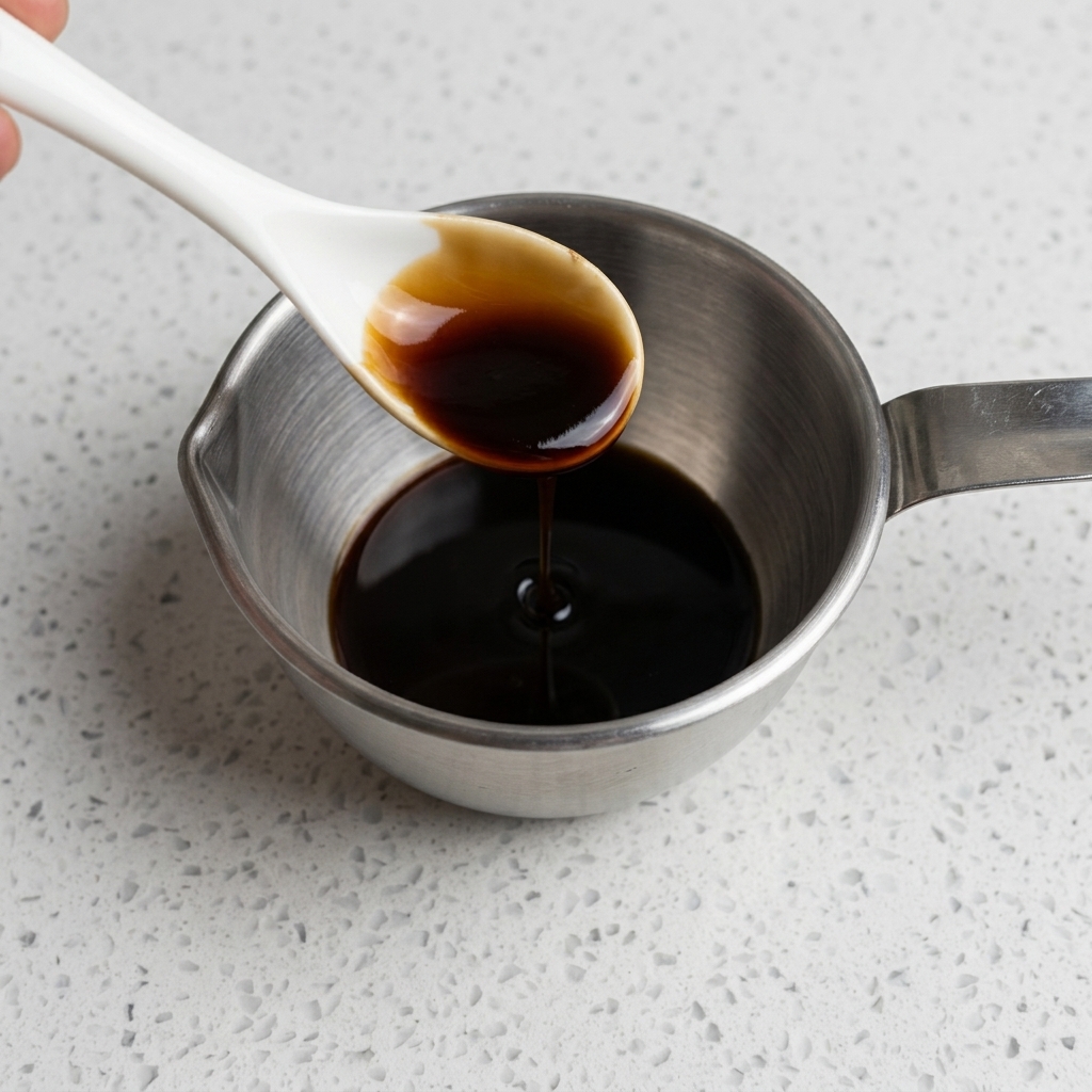 Ketchup i sos char siu mieszane z bazą sojową w metalowym naczyniu.
