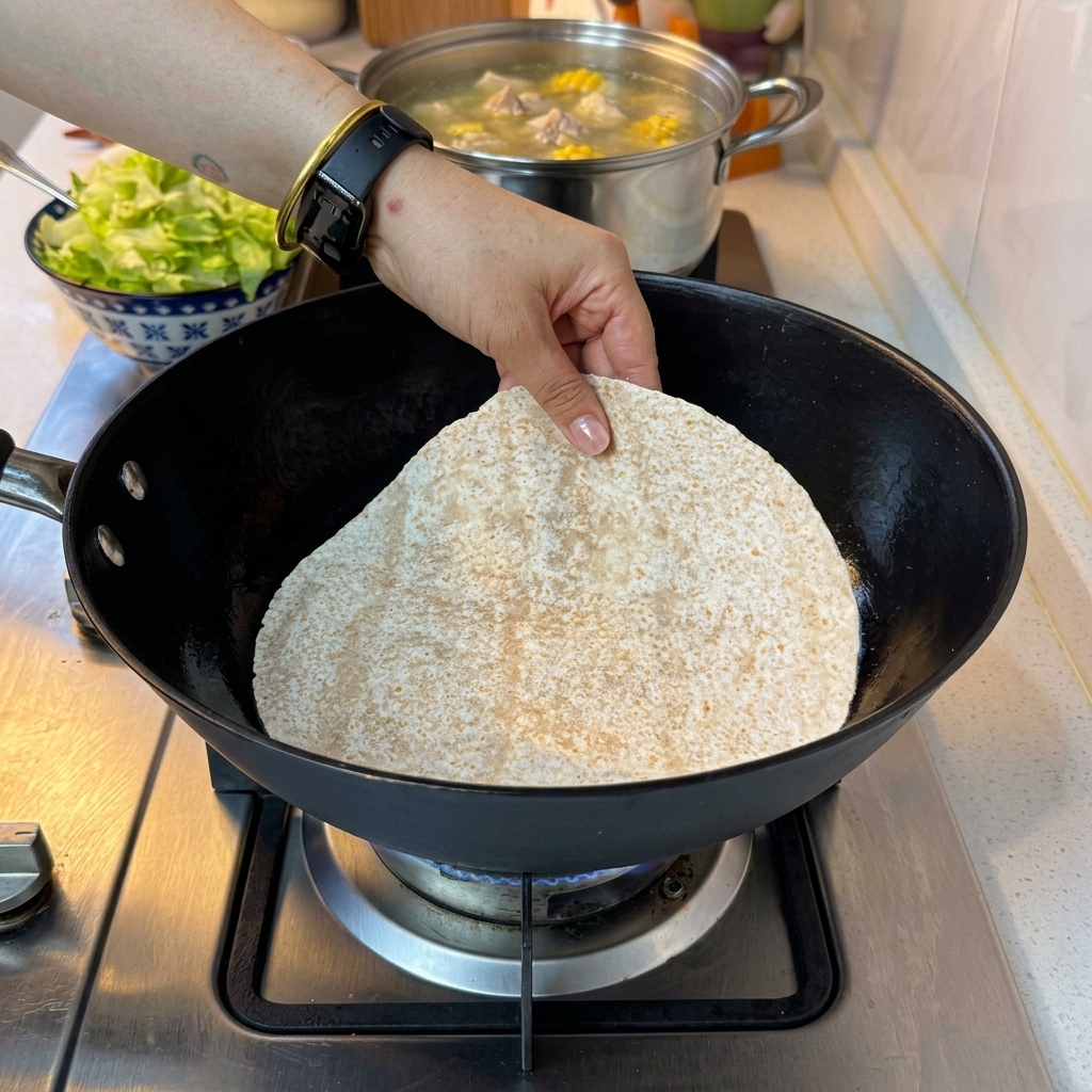 Tortilla na patelni posypana startym serem.
