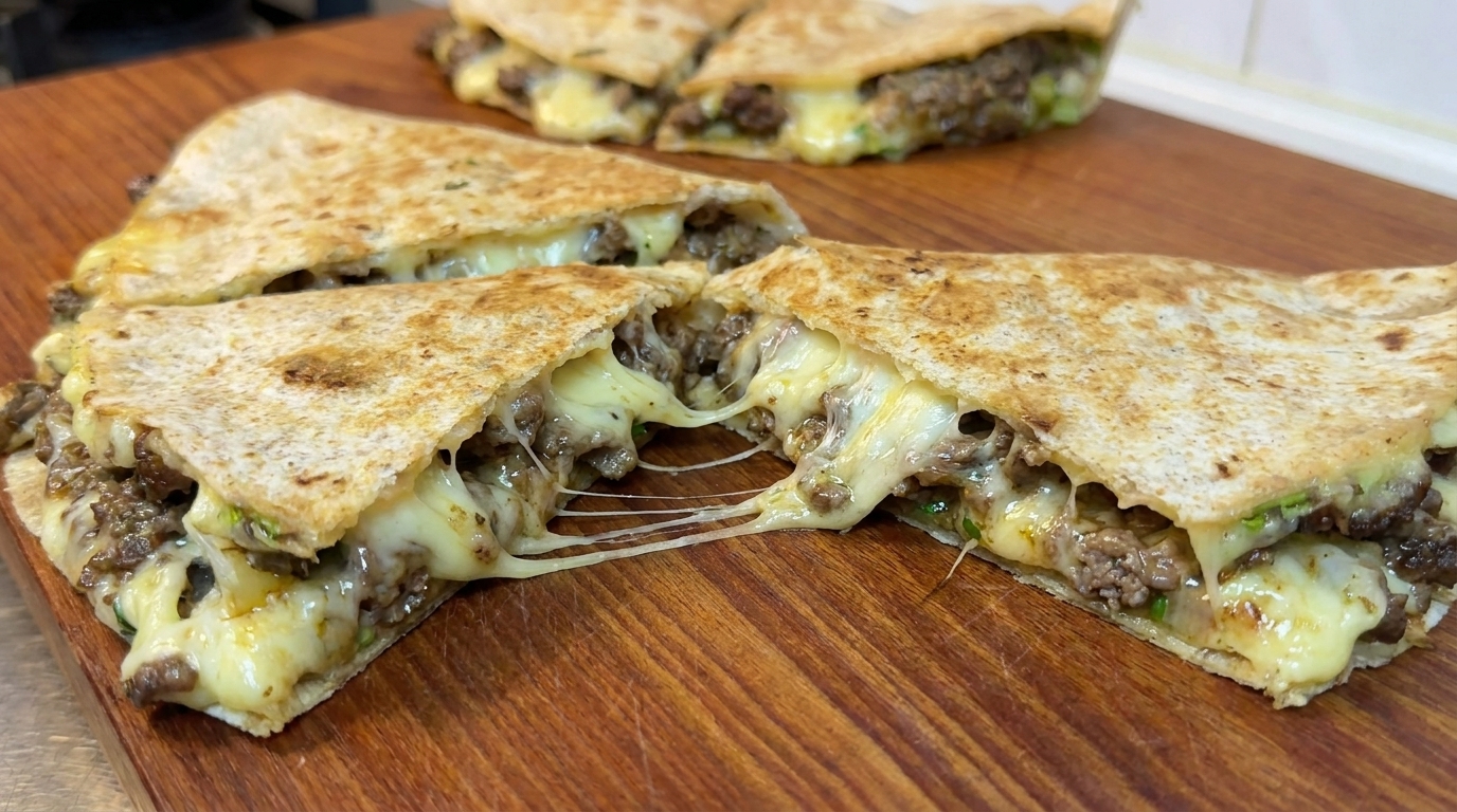 Idealnie złocista quesadilla z wołowiną, pokrojona tak, by wyeksponować ciągnący się ser i soczyste nadzienie.