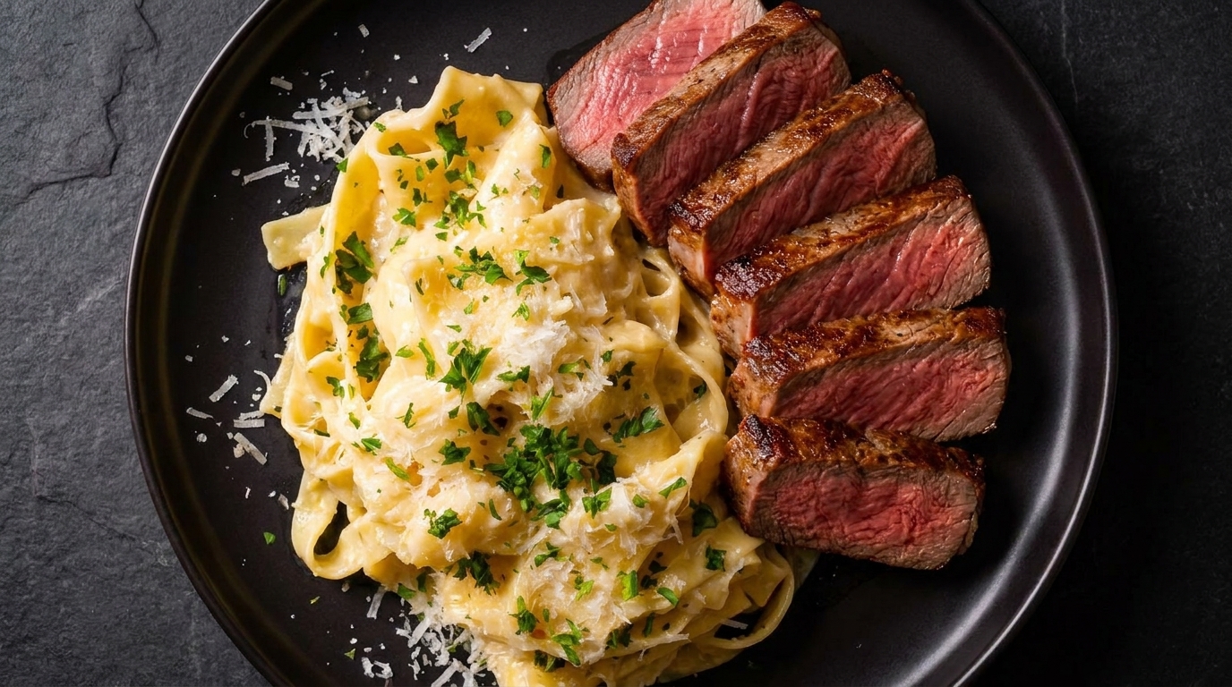 Stek z patelni z kremowym makaronem fettuccine