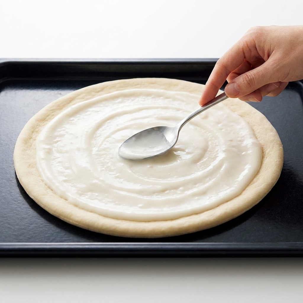 Łyżka rozprowadzająca gładki sos beszamelowy Mchtm na surowym spodzie pizzy.