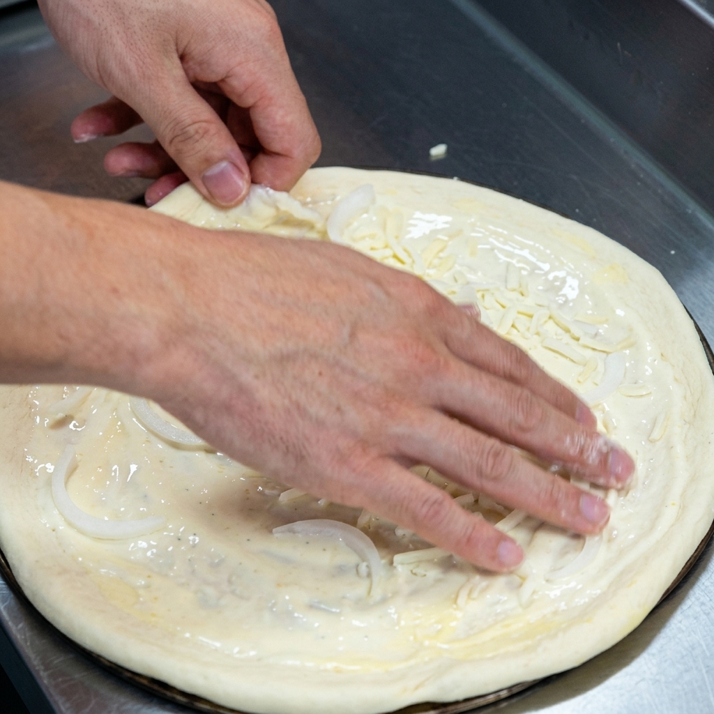 Plastry białej cebuli układane na spodzie pizzy pokrytym sosem i warstwą tartego sera.
